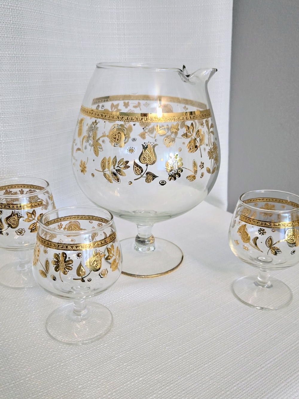 MCM Culver Chantilly Glass Pitcher & Glasses Snifters Gold Applied Accents